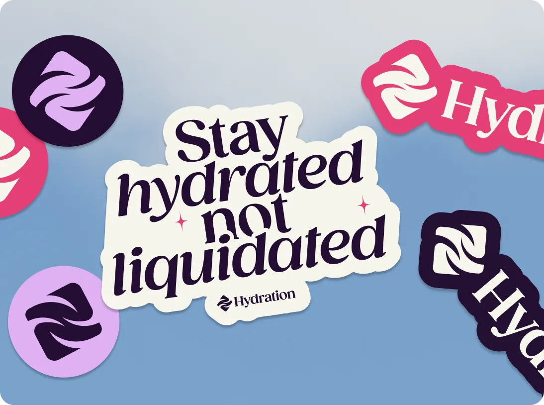 Sticker with the phrase 'Stay hydrated not liquidated' surrounded by several colorful circular stickers featuring a stylized hydration logo on a blue background.