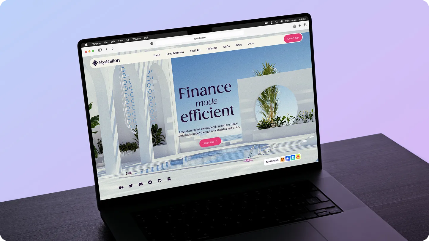 Laptop displaying Hydration website homepage with tagline 'Finance made efficient' and a modern architectural background featuring white arches and plants.