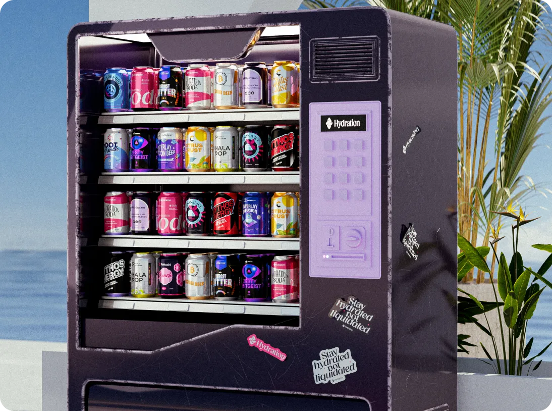 Dark vending machine filled with colorful beverage cans, featuring a purple keypad and stickers that say 'Stay hydrated not liquidated.'