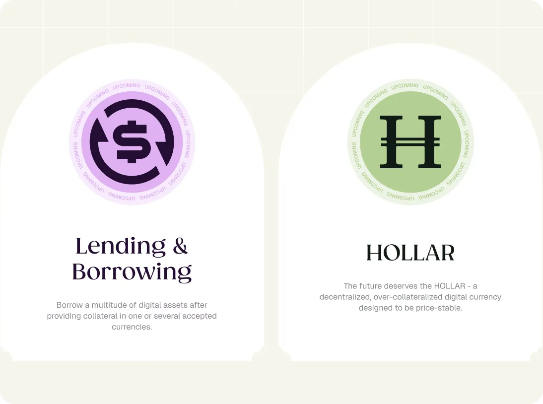 Two sections with icons and text about digital finance: on the left, a purple circle with a dollar sign and arrows for Lending & Borrowing; on the right, a green circle with an H for HOLLAR, a decentralized digital currency.