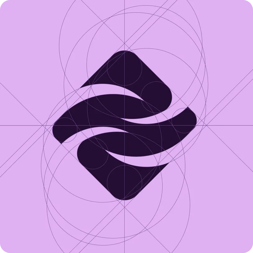Abstract dark purple geometric shape with smooth curves on a light purple background, overlaid with grid and circular guides.