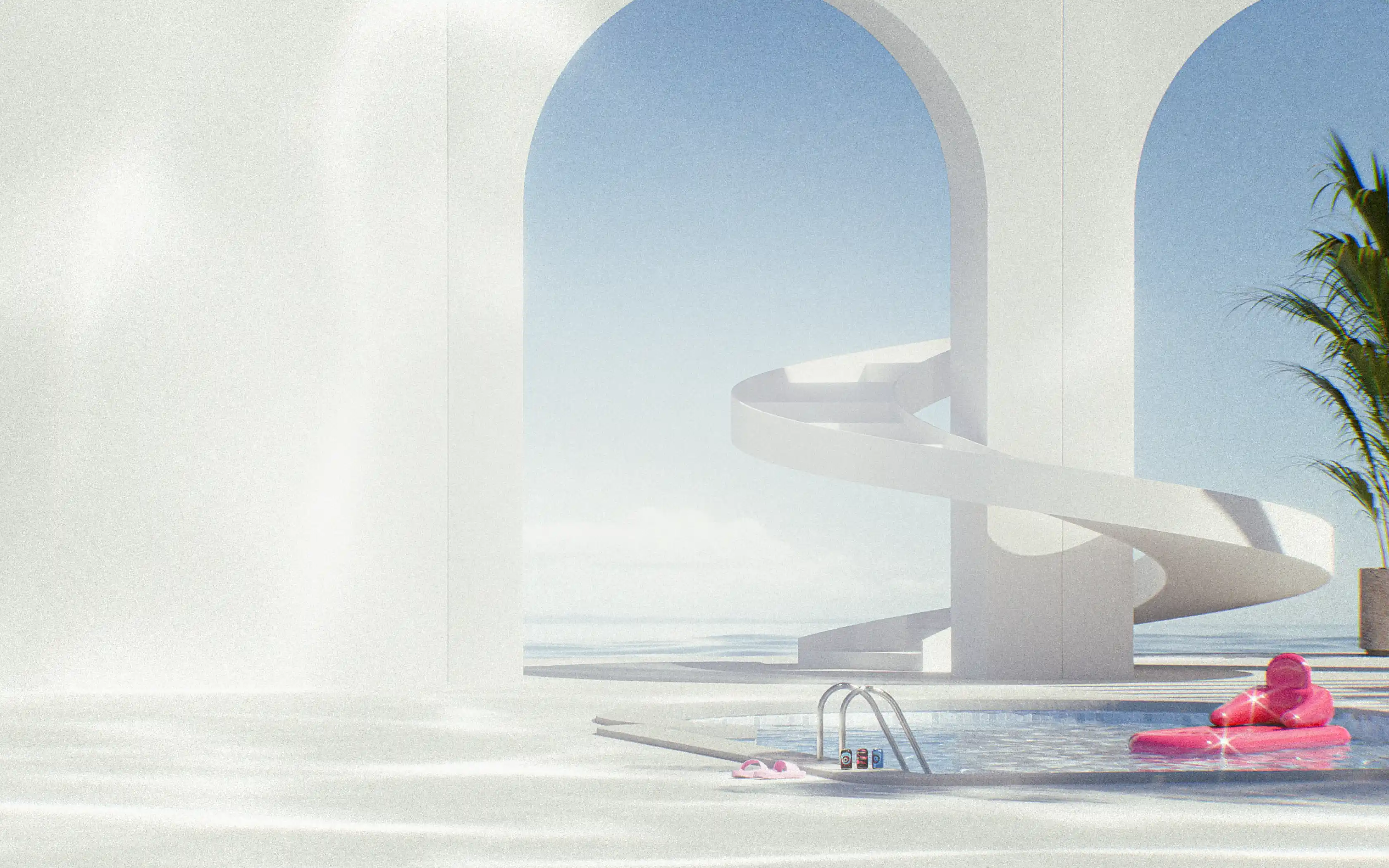 Modern pool area with a white spiral slide, a pink inflatable float in the pool, three soda cans, pink slippers, and a palm plant under clear blue sky.