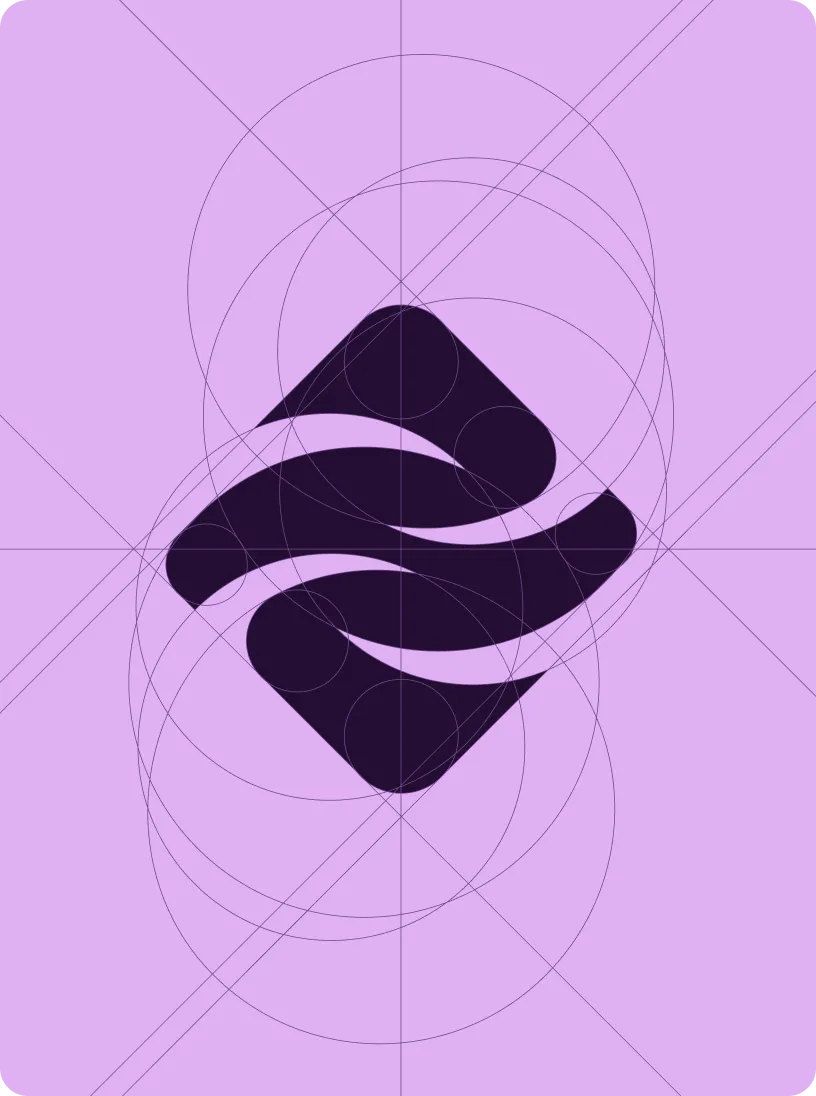 Abstract geometric logo with dark overlapping shapes and circular construction lines on a purple background.
