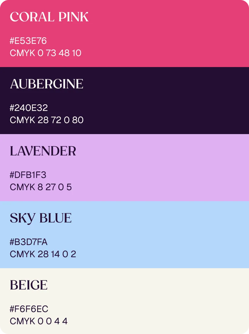 Color palette with five swatches labeled Coral Pink, Aubergine, Lavender, Sky Blue, and Beige, each showing hex and CMYK codes.