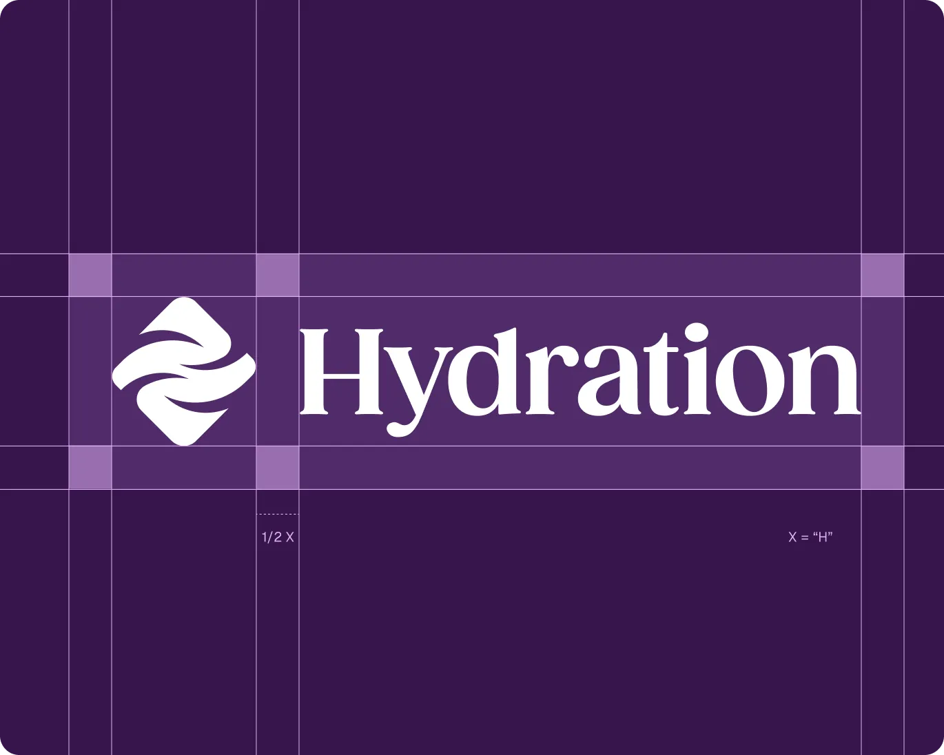 White stylized water waves icon next to the word 'Hydration' on a purple background with design grid lines.