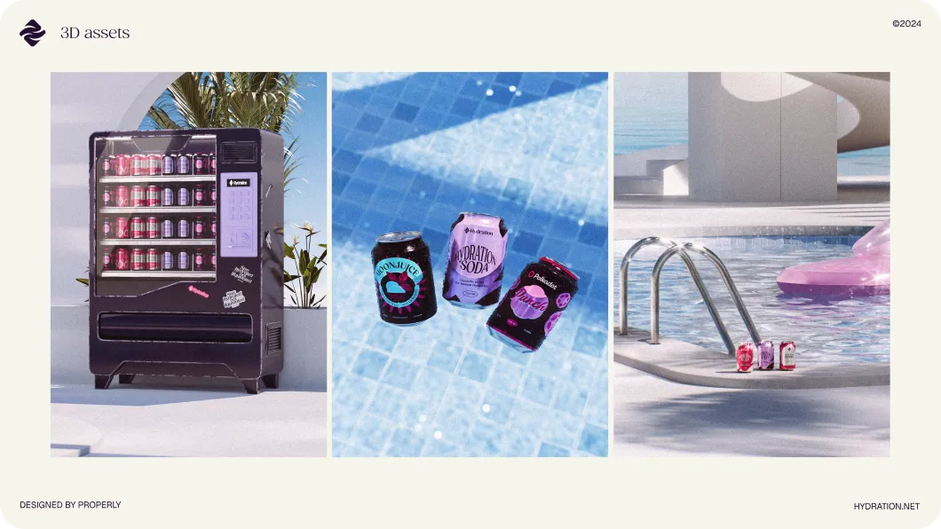 Three images showing 3D assets: a vending machine with canned drinks, three cans floating in a pool, and three cans on a poolside ledge with a pink inflatable in the pool.