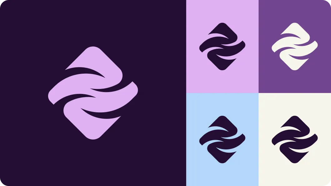 Abstract geometric logo with flowing curved shapes forming a diamond, shown in four color variations on different backgrounds.