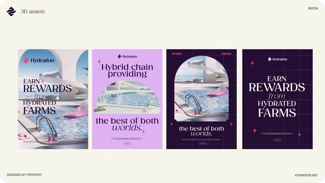 Four Hydration promotional graphic designs featuring a pool with pink flamingo float, text about earning rewards from hydrated farms, and hybrid chain benefits on pastel and dark backgrounds.
