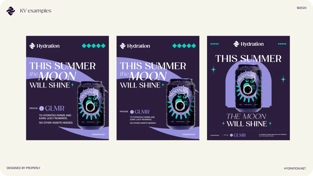 Three digital ads for Hydration featuring a can with 'Moonjuice' branding and the phrase 'This summer the moon will shine.'