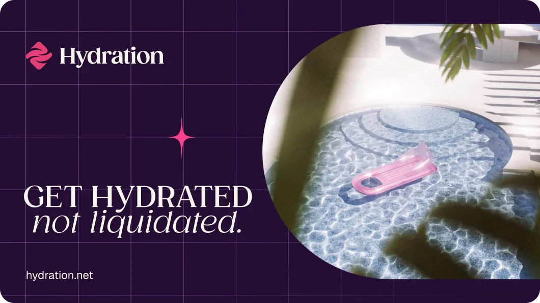 Pool with a pink inflatable float on clear water, alongside text 'Get hydrated not liquidated' and a hydration logo on a dark grid background.