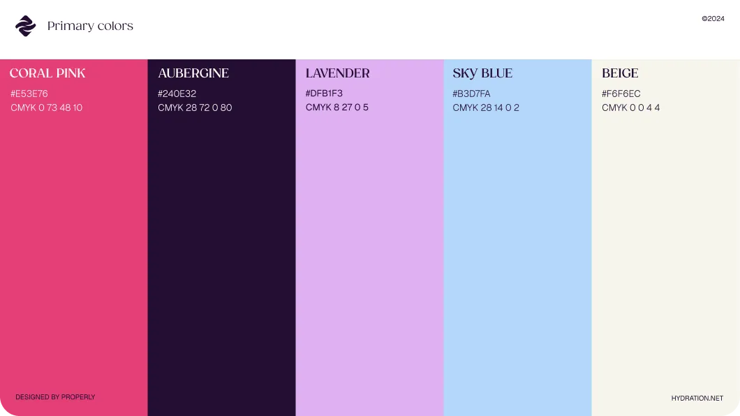 Color palette showing five primary colors: Coral Pink (#E53E76, CMYK 0 73 48 10), Aubergine (#240E32, CMYK 28 72 0 80), Lavender (#DFB1F3, CMYK 8 27 0 5), Sky Blue (#B3D7FA, CMYK 28 14 0 2), and Beige (#F6F6EC, CMYK 0 0 4 4).