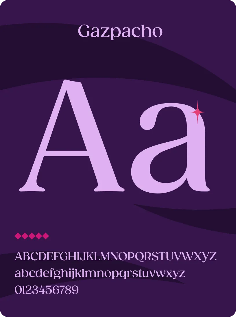 Font sample for Gazpacho featuring uppercase, lowercase letters, and numbers in a stylish serif typeface on a dark purple background.