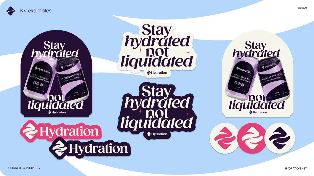 A collection of hydration-themed stickers featuring cans labeled 'Hydration Soda Refreshing Morning' and the phrases 'Stay hydrated not liquidated' and 'Hydration' in various styles and colors.