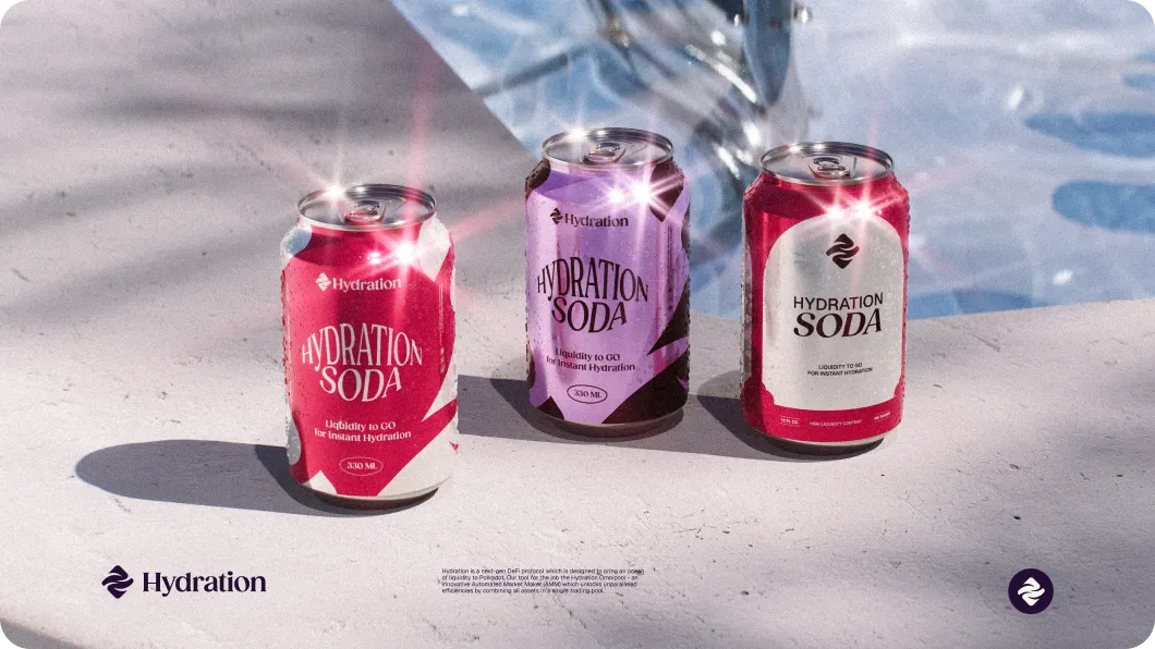 Three cans of Hydration Soda on a light surface near a pool, with sun glare reflecting off the cans.