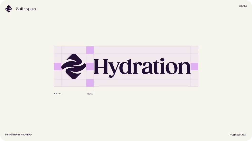 Logo design for 'Hydration' with a purple abstract symbol on the left and spacing guidelines in purple highlighting.