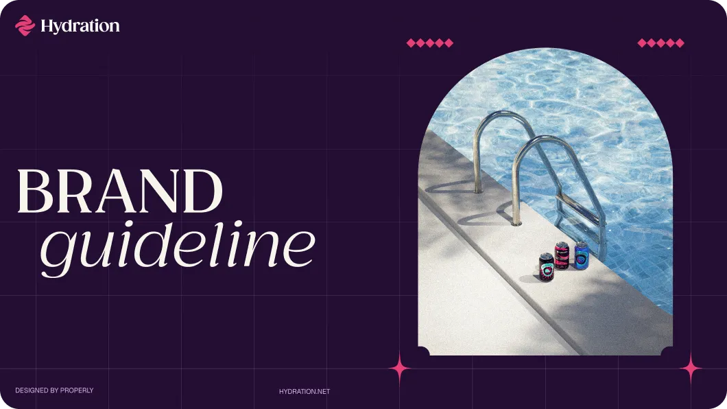 Brand guideline cover with Hydration logo and a photo of three colorful beverage cans on the edge of a swimming pool with clear blue water.