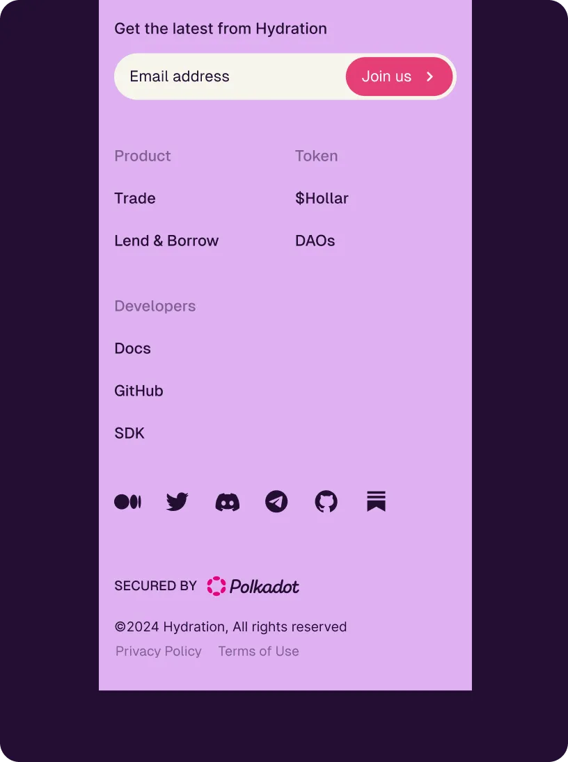 Subscription form for Hydration newsletter with email input and Join us button, product and token info, developer links, social media icons, and Polkadot security badge.