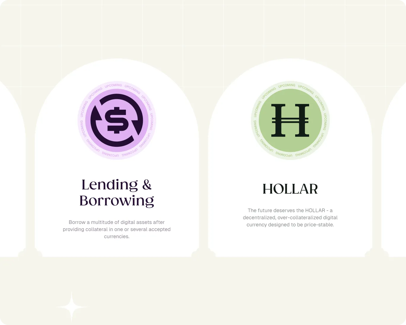 Two sections showing financial services: Lending & Borrowing with a purple dollar sign icon, and HOLLAR digital currency with a green H icon.