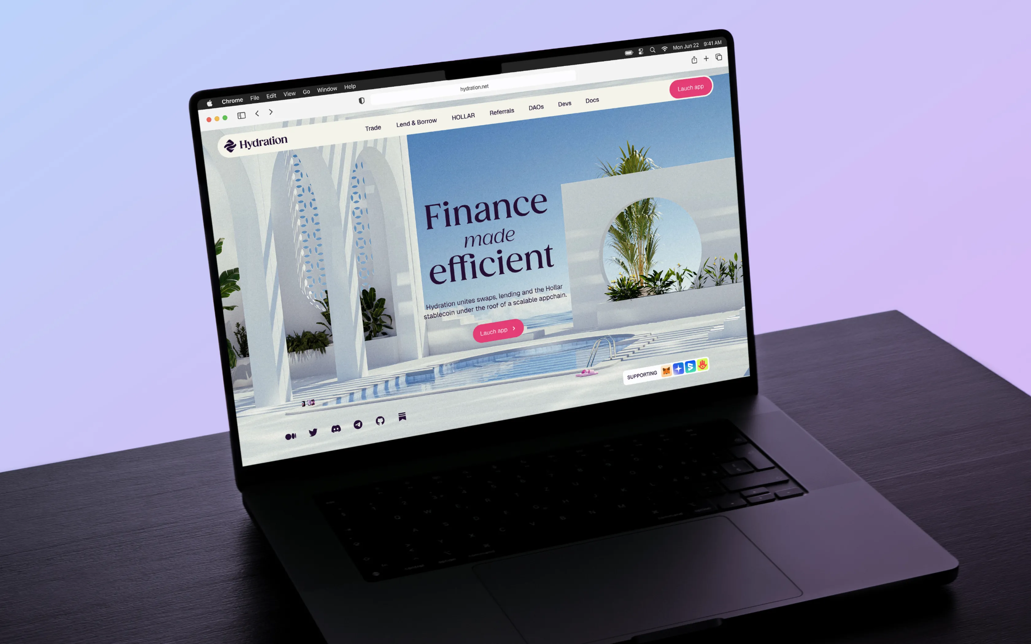 Laptop displaying Hydration website homepage with headline 'Finance made efficient' and a white architectural background with pool and plants.