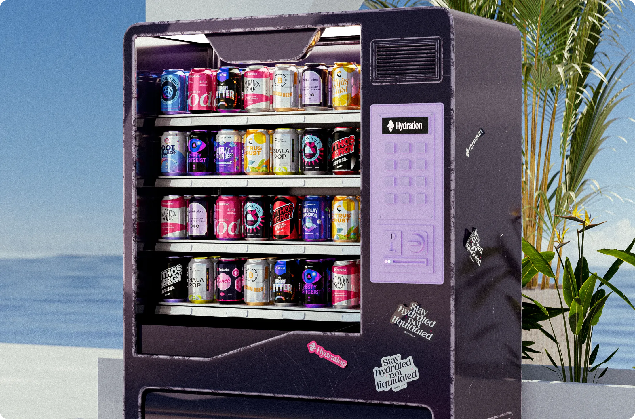 Purple vending machine labeled 'Hydration' filled with colorful canned beverages, with tropical plants and ocean in the background.