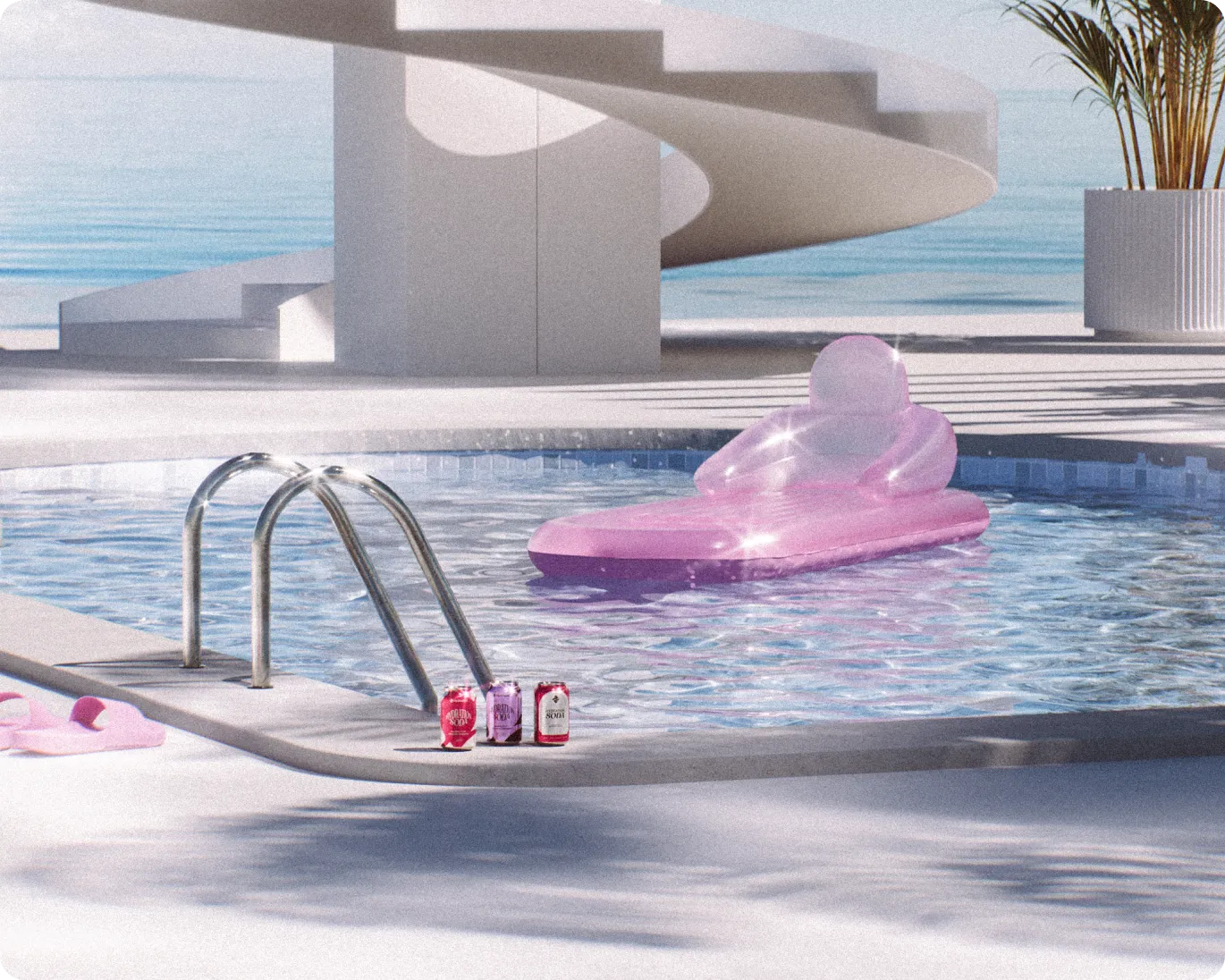Poolside scene with a pink inflatable lounger floating in the pool, three cans of soda on the edge, pink flip-flops nearby, and a spiral staircase in the background.