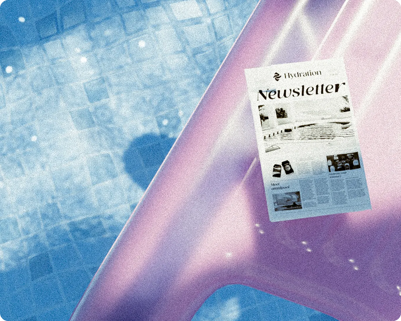 Newsletter titled 'Hydration' floating on a pink inflatable pool float in a blue tiled pool.