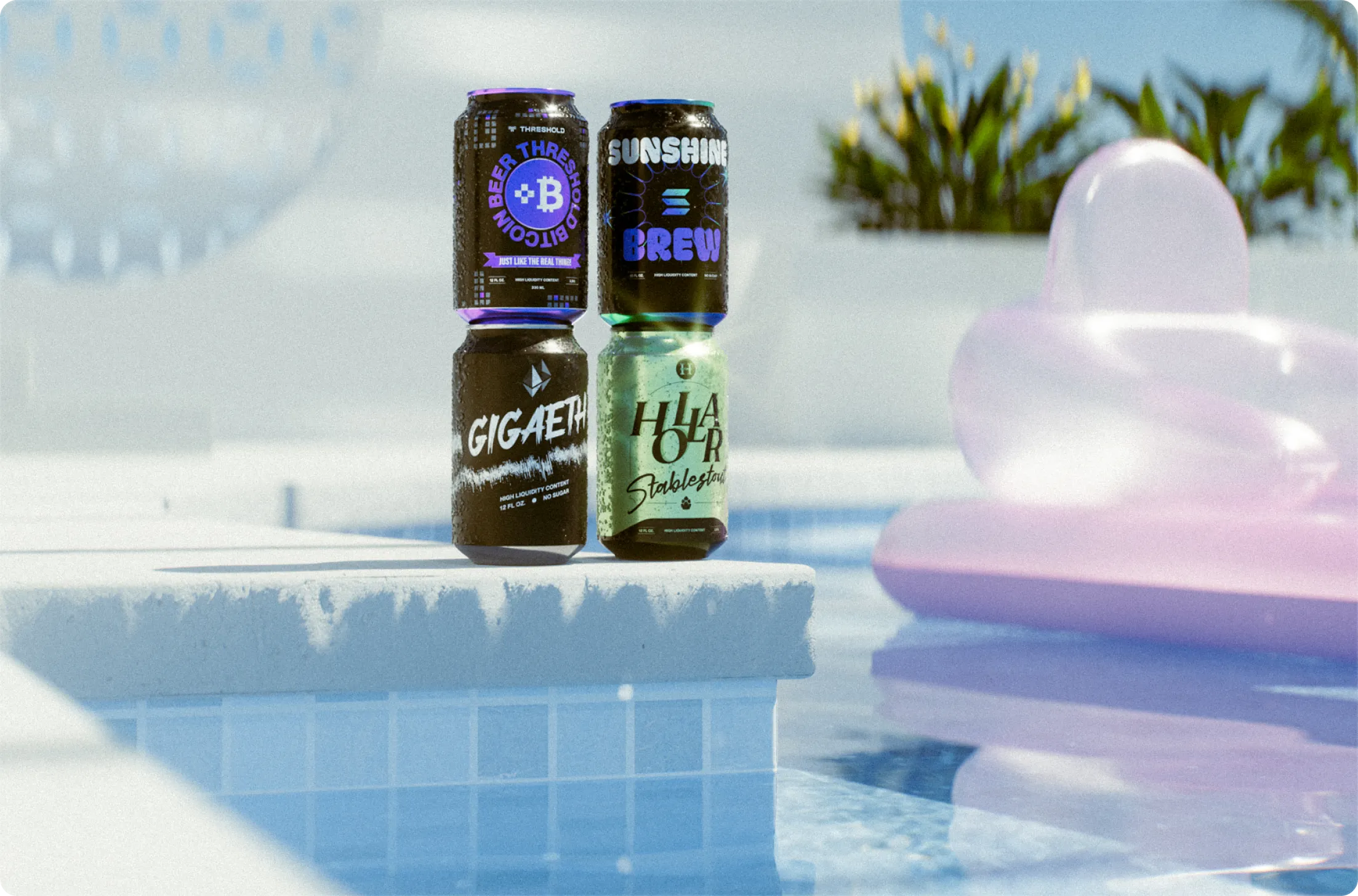 Four stacked beverage cans labeled Bitcoin Beer Threshold, Sunshine Brew, GigaETH, and Holar Stablestout beside a swimming pool with a pink inflatable float.