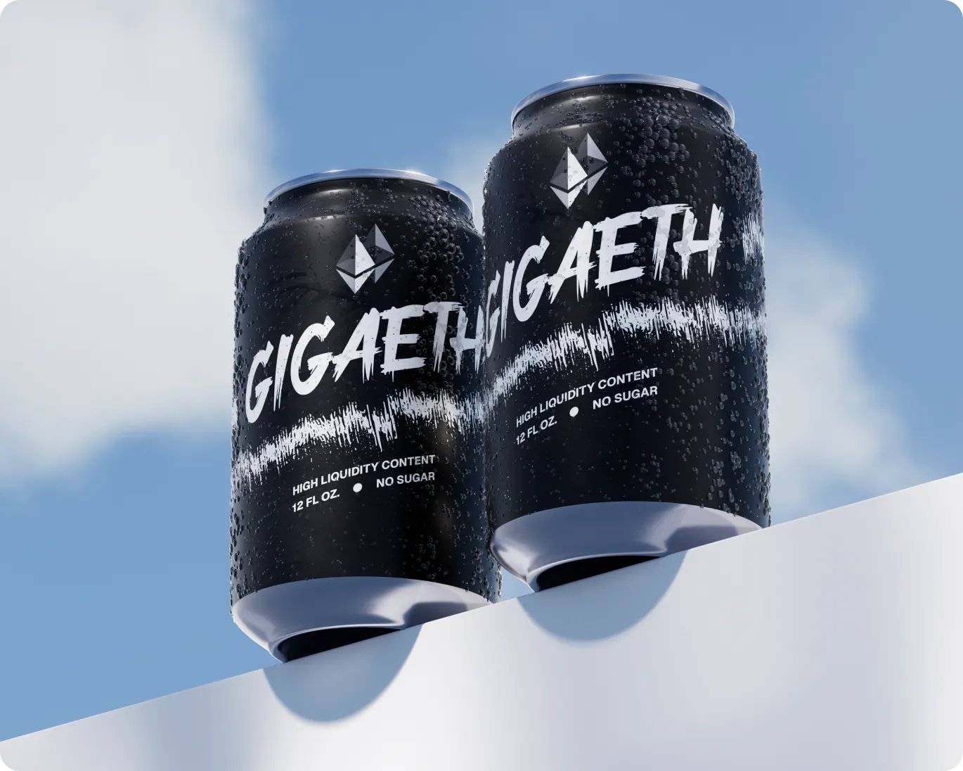 Two black cans of GigaETH drink with water droplets against a blue sky background.