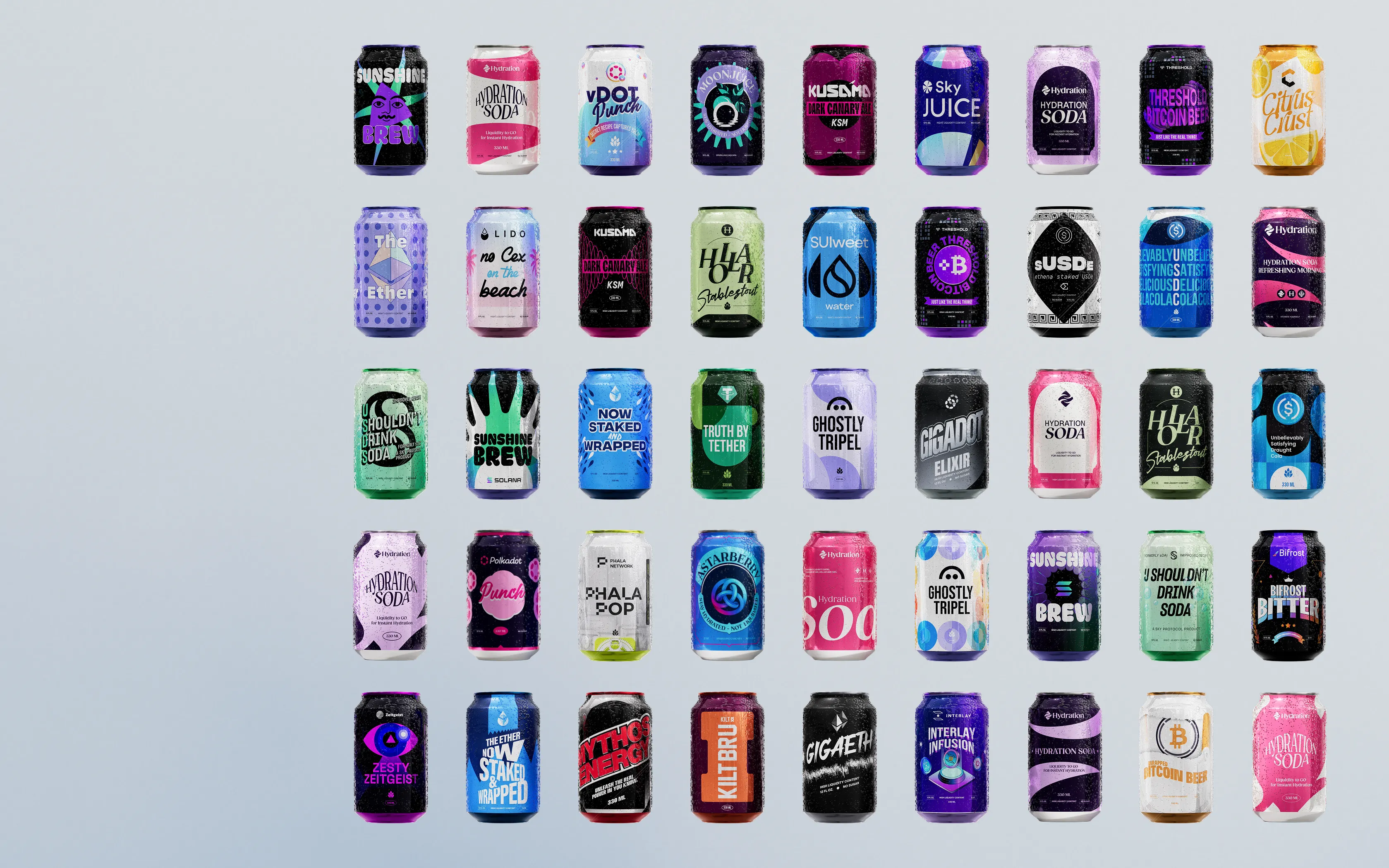 Grid of 40 colorful beverage cans with various brand labels arranged in five rows against a light background.