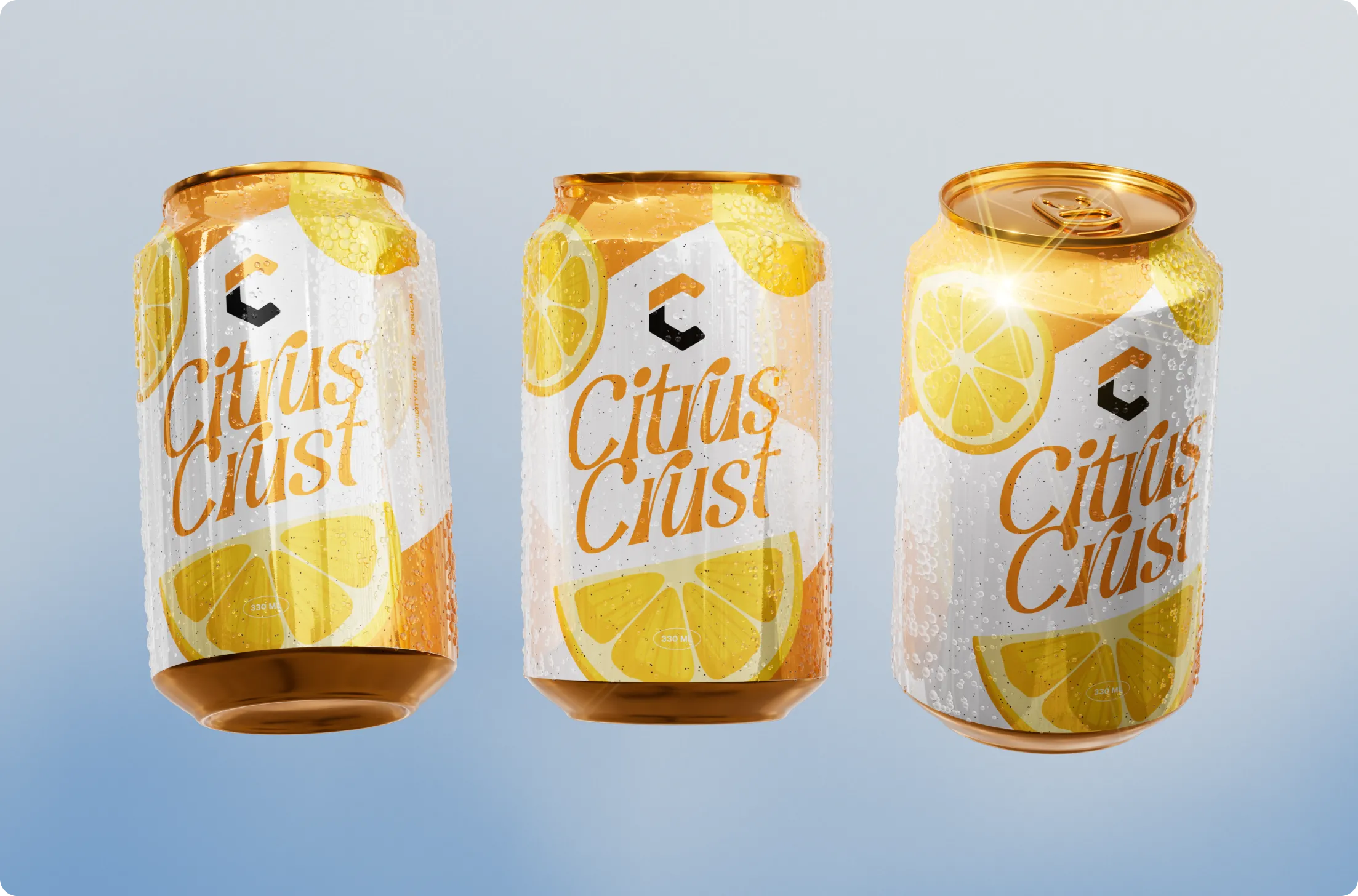Three cans of Citrus Crust soda with lemon graphics and condensation droplets against a blue background.