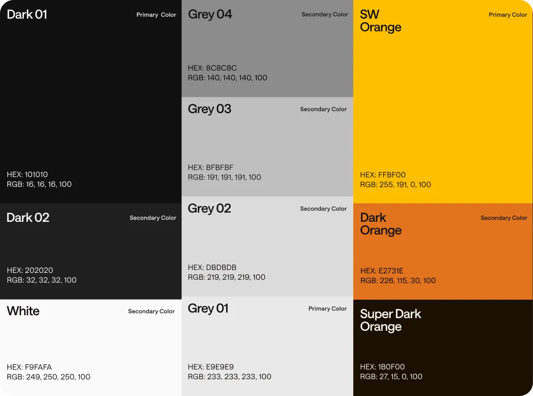 Color palette grid showing shades of black, gray, white, and orange with HEX and RGB values for each color.