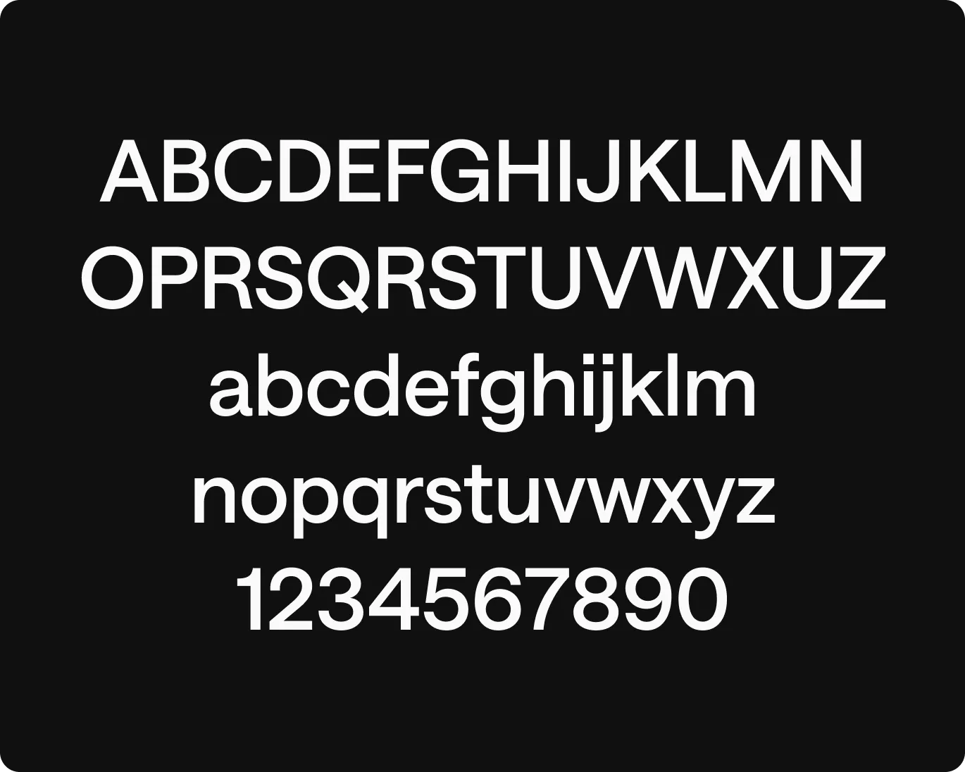 Font sample showing uppercase letters missing Q and Y, lowercase letters a to z, and numbers 0 to 9 in white on a black background.