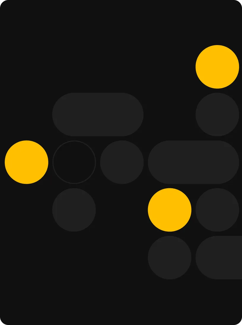 Abstract pattern of black circles and rounded rectangles with four yellow circles on a black background.