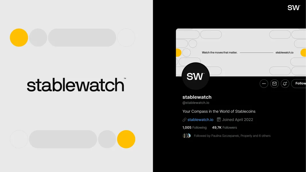 Split screen showing Stablewatch branding on left with logo and dots, and Stablewatch Twitter profile on right with handle @stablewatch.io, tagline, link, join date, and follower count.