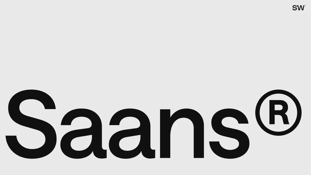 Text reading 'Saans' followed by the registered trademark symbol ® on a light gray background with 'SW' in the top right corner.
