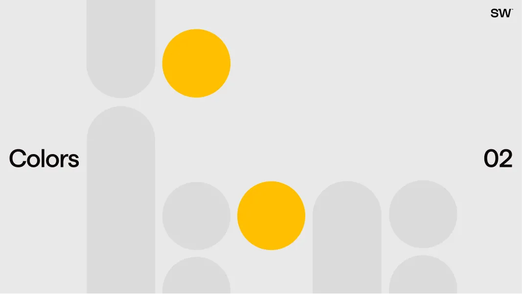 Abstract design with yellow circles and gray rounded rectangles on a light gray background, including the words 'Colors' and '02' in black text.