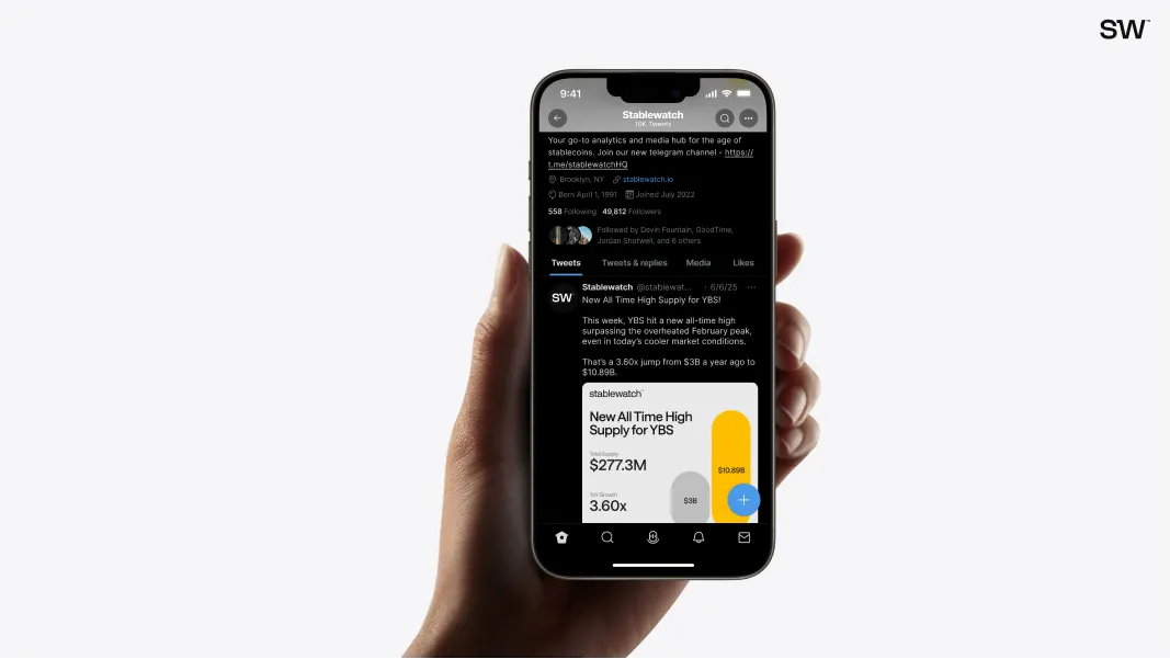 Hand holding a smartphone displaying Stablewatch Twitter profile with a tweet about new all-time high supply for YBS at $277.3M and 3.60x growth.