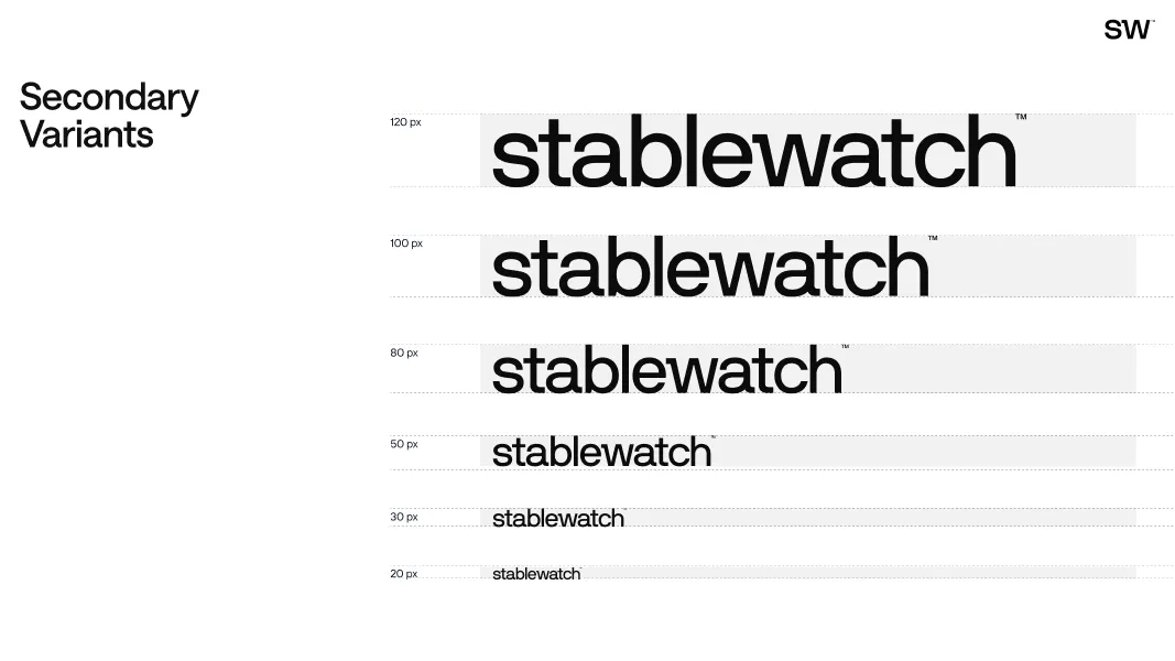 Typography chart displaying the word 'stablewatch' in six different font sizes ranging from 20 px to 120 px under the heading 'Secondary Variants.'