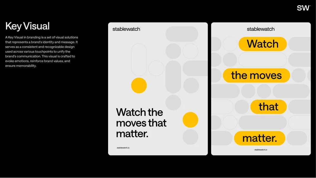 Graphic showing two presentation slides with text 'Watch the moves that matter' for Stablewatch branding key visual concept.
