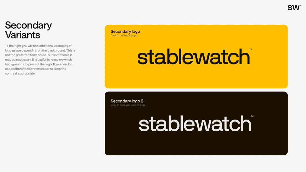 Two secondary variants of the Stablewatch logo: black text on an orange background and white text on a dark brown background.