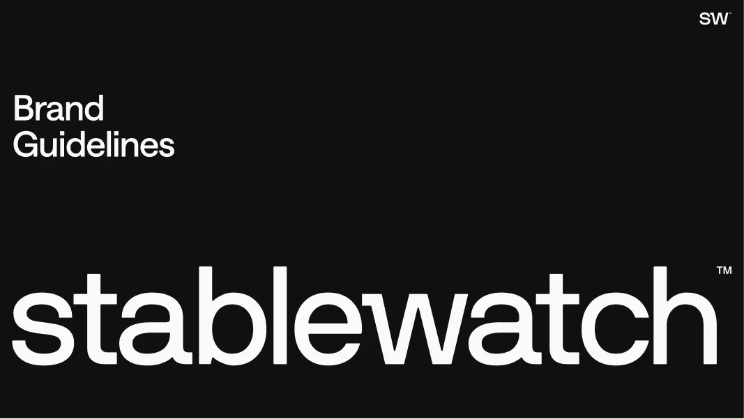 Black background with white text reading 'Brand Guidelines' and large bold 'stablewatch' logo with small 'SW' in top right corner.