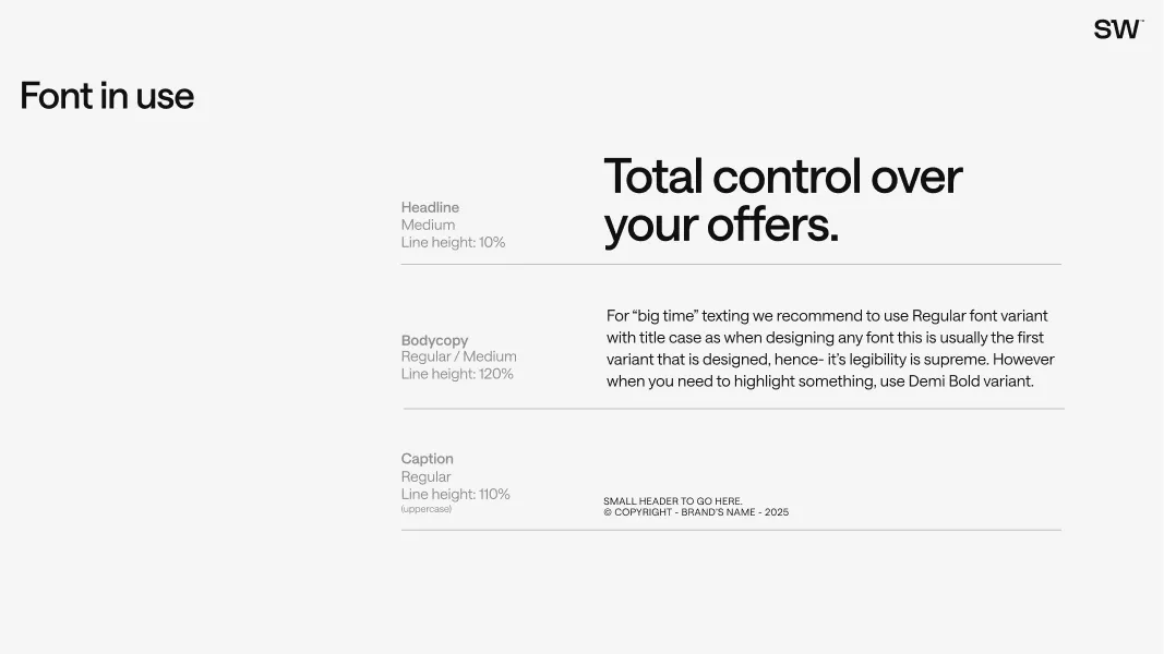 Typography guide showing font styles for headline, body copy, and caption with examples in black text on a light background.