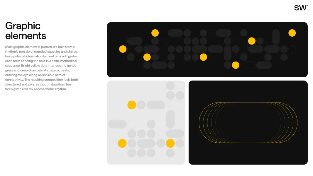Black and gray graphic composition featuring rounded capsules and circles with bright yellow dots on a dark background forming a rhythmic pattern, alongside smaller panels showing a lighter version and outlined yellow capsules, with text explaining the graphic elements concept.