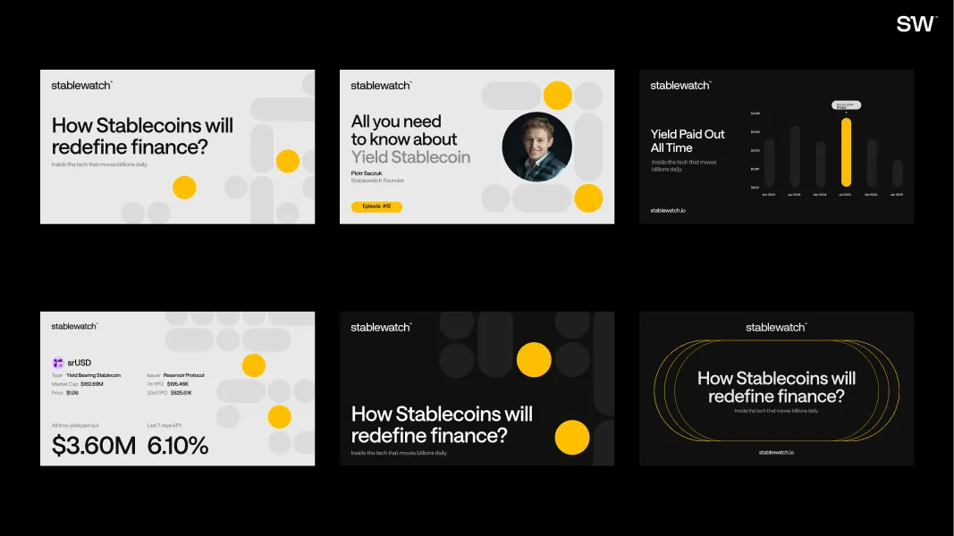 Six slides from Stablewatch presentation showing topics on stablecoins, yield stablecoin, and finance redefinition with charts, text, and speaker photo.