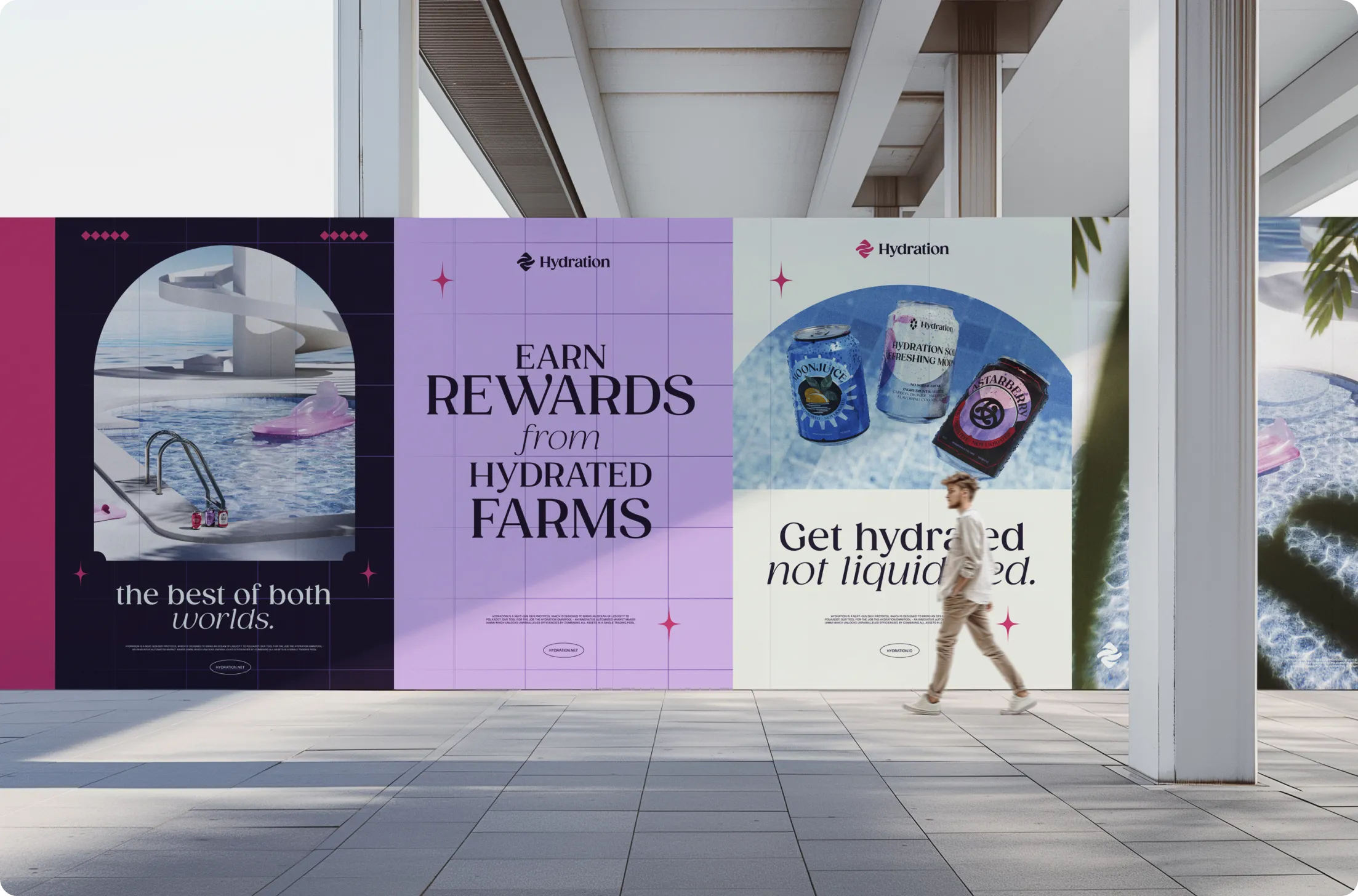 Outdoor advertising wall panels featuring Hydration brand ads with a pool scene, rewards program, and canned drinks, with a man walking by.
