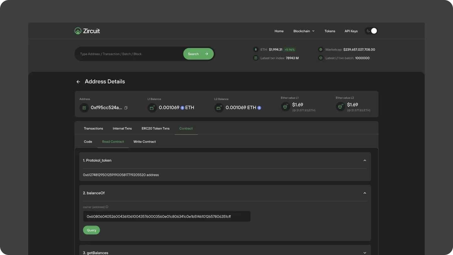 Zircuit blockchain explorer interface showing ETH balance, address details, and contract read functions with tabs for transactions and tokens.