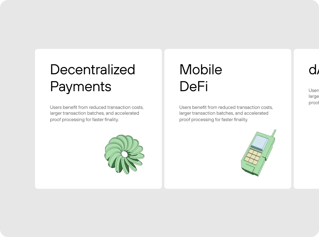 Two cards titled Decentralized Payments and Mobile DeFi with descriptions about user benefits and green 3D illustrations of a spiral shape and a mobile phone.