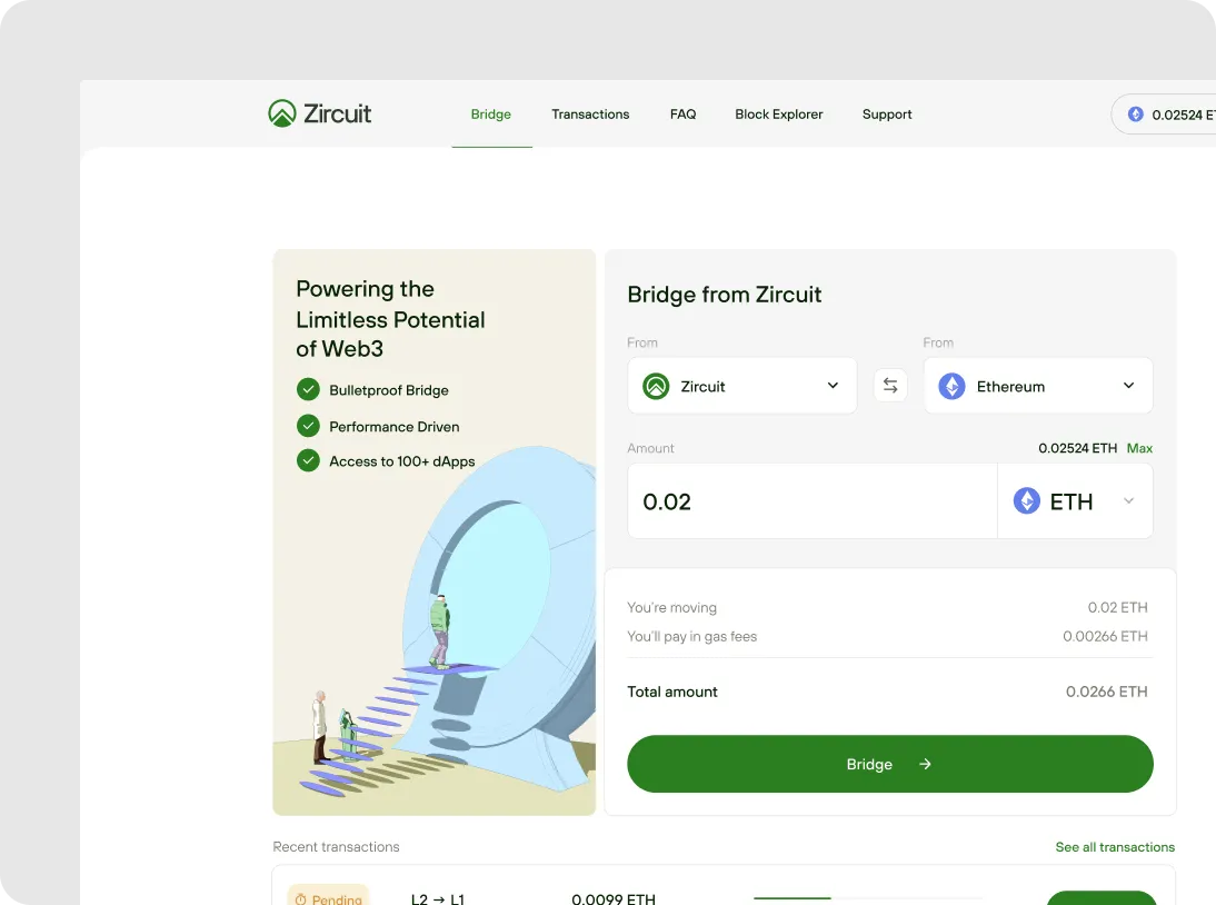 Web3 bridge interface showing exchange from Zircuit to Ethereum with amount 0.02 ETH, gas fees, and total, alongside illustration of people walking up stairs into a circular portal.