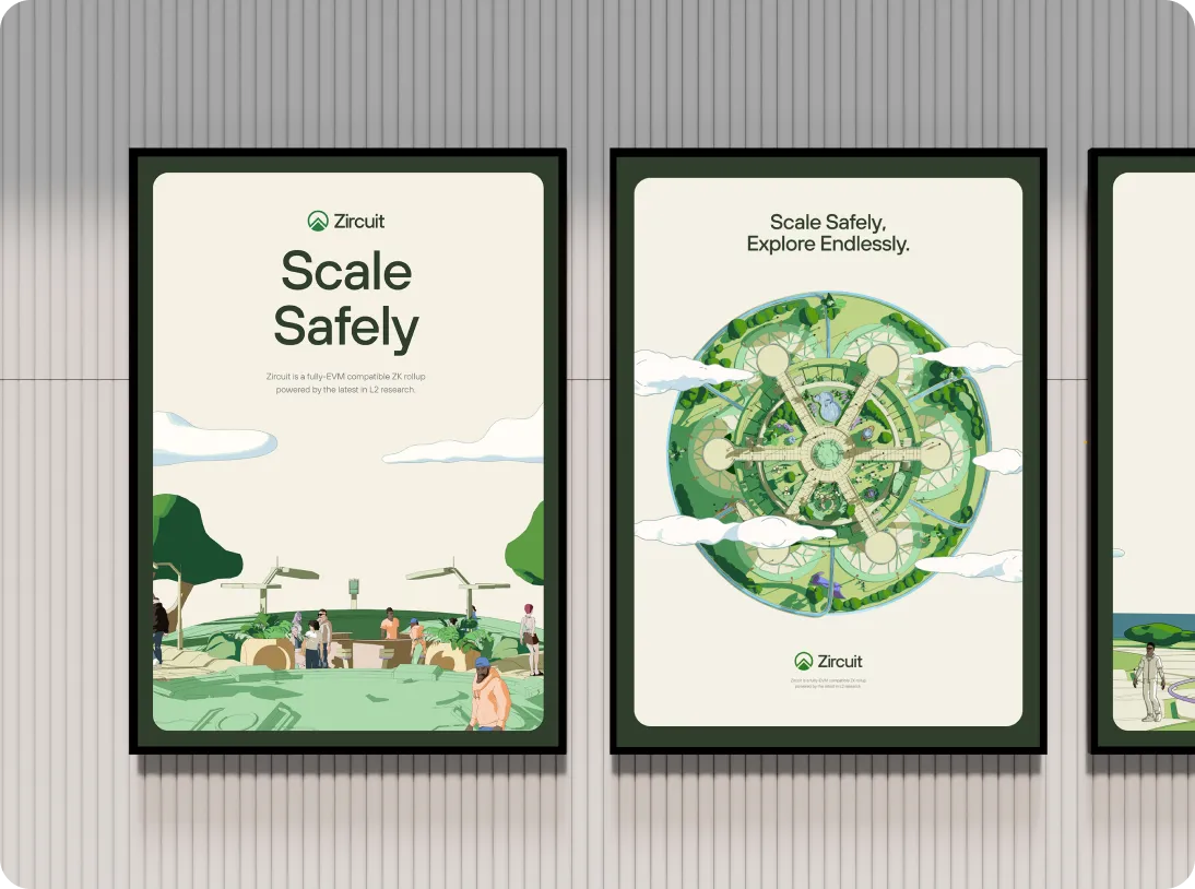 Two framed posters on a wall promoting Zircuit; the left one says 'Scale Safely' with an illustration of people outdoors, the right one says 'Scale Safely, Explore Endlessly' with a circular green abstract design and clouds.