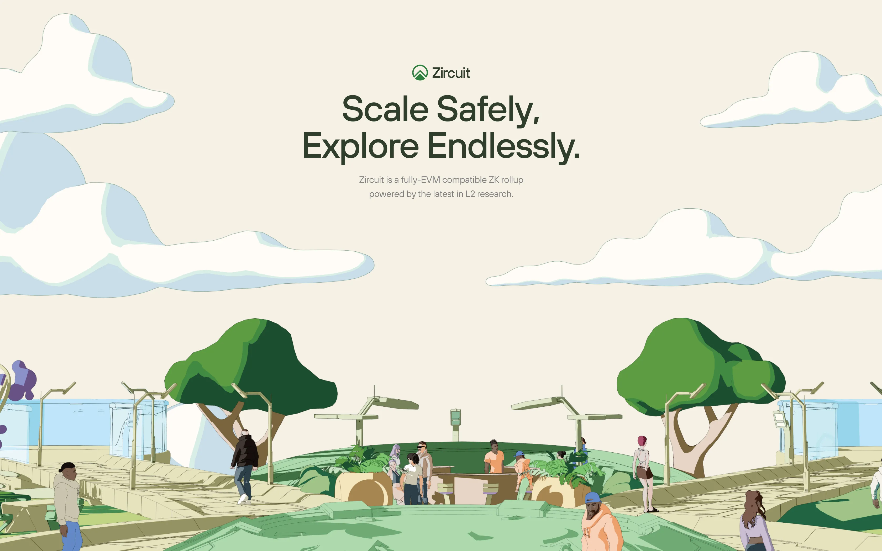 Illustration of a futuristic park with people walking and socializing under stylized trees and clouds, featuring text about Zircuit's scalable ZK rollup technology.